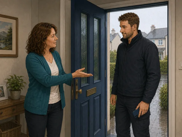 The customer welcomes the technician at her front door